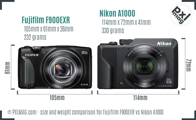 Fujifilm F900EXR vs Nikon A1000 size comparison