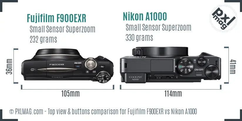 Fujifilm F900EXR vs Nikon A1000 top view buttons comparison