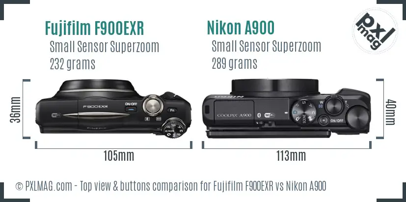Fujifilm F900EXR vs Nikon A900 top view buttons comparison