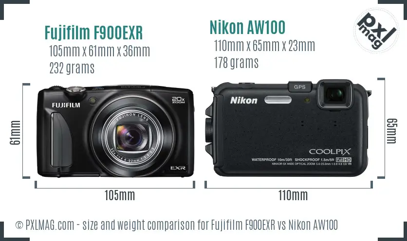 Fujifilm F900EXR vs Nikon AW100 size comparison