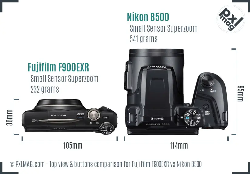 Fujifilm F900EXR vs Nikon B500 top view buttons comparison