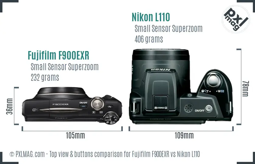 Fujifilm F900EXR vs Nikon L110 top view buttons comparison