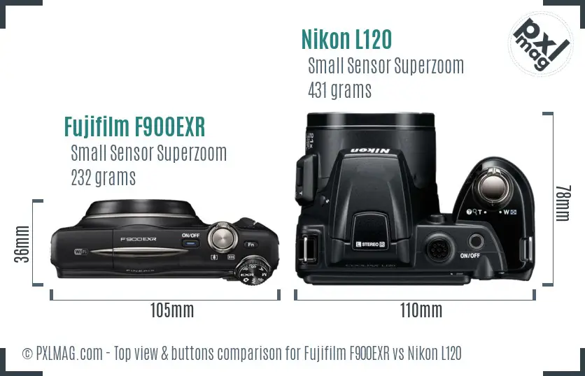 Fujifilm F900EXR vs Nikon L120 top view buttons comparison Fujifilm F900EXR vs Nikon L120 top view buttons comparison