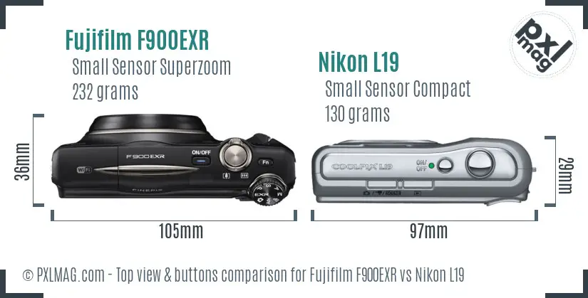 Fujifilm F900EXR vs Nikon L19 top view buttons comparison Fujifilm F900EXR vs Nikon L19 top view buttons comparison