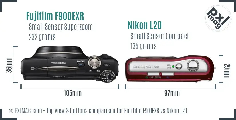 Fujifilm F900EXR vs Nikon L20 top view buttons comparison Fujifilm F900EXR vs Nikon L20 top view buttons comparison