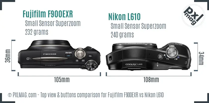 Fujifilm F900EXR vs Nikon L610 top view buttons comparison Fujifilm F900EXR vs Nikon L610 top view buttons comparison