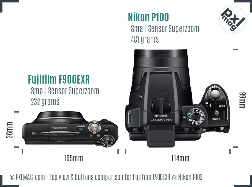 Fujifilm F900EXR vs Nikon P100 top view buttons comparison Fujifilm F900EXR vs Nikon P100 top view buttons comparison