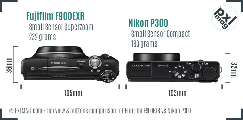 Fujifilm F900EXR vs Nikon P300 top view buttons comparison