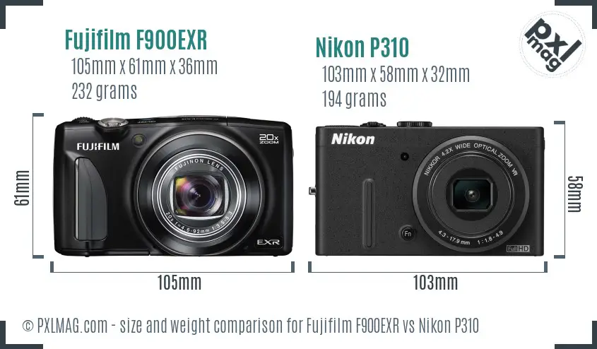 Fujifilm F900EXR vs Nikon P310 size comparison