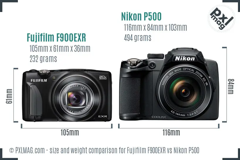 Fujifilm F900EXR vs Nikon P500 size comparison
