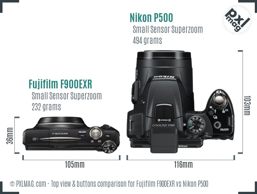 Fujifilm F900EXR vs Nikon P500 top view buttons comparison