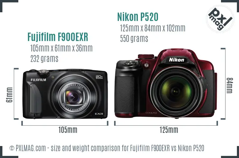 Fujifilm F900EXR vs Nikon P520 size comparison