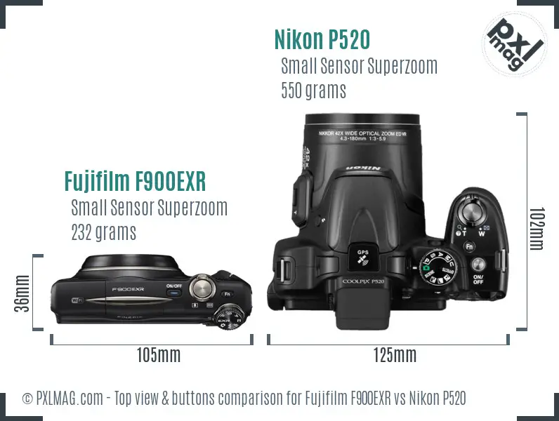 Fujifilm F900EXR vs Nikon P520 top view buttons comparison
