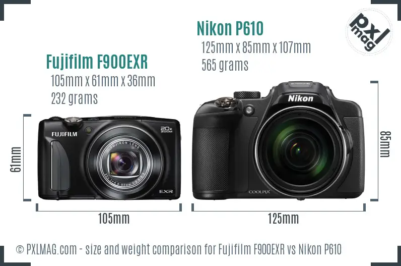 Fujifilm F900EXR vs Nikon P610 size comparison