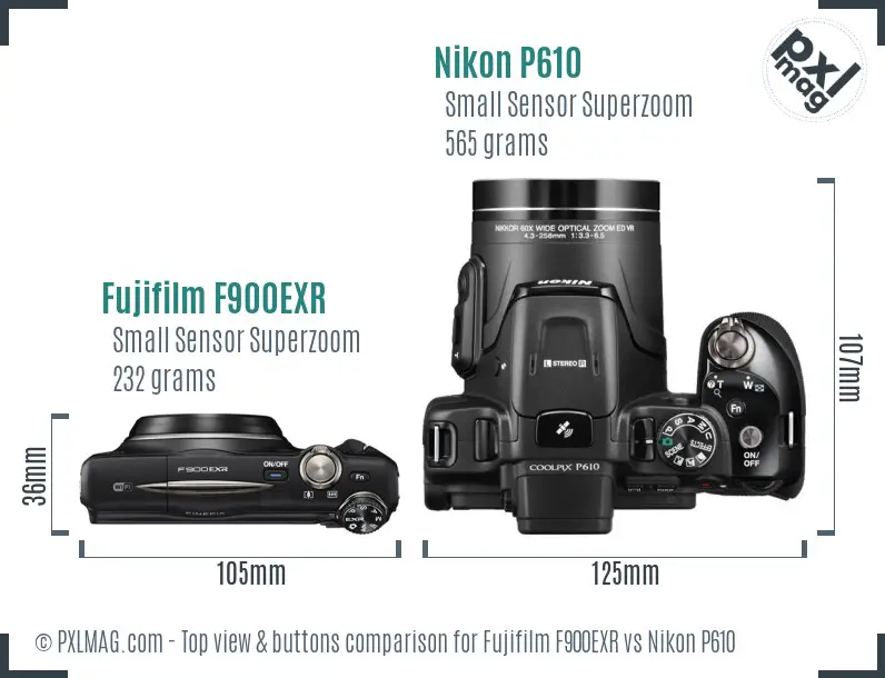 Fujifilm F900EXR vs Nikon P610 top view buttons comparison