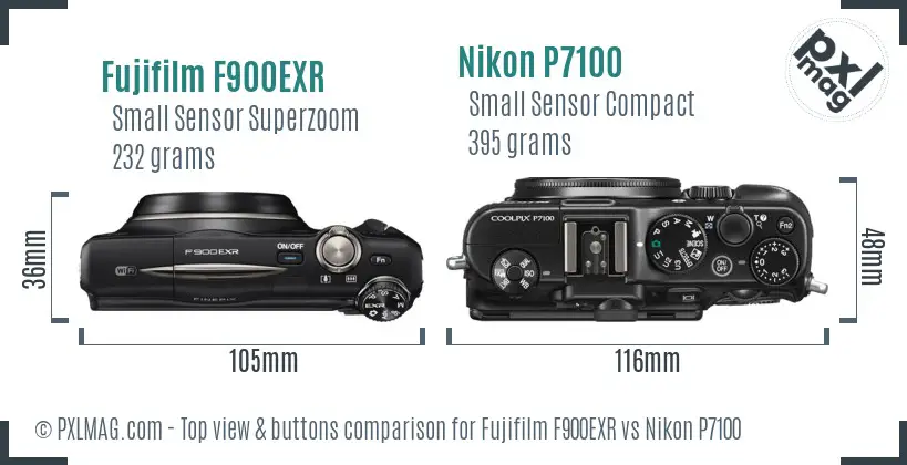 Fujifilm F900EXR vs Nikon P7100 top view buttons comparison Fujifilm F900EXR vs Nikon P7100 top view buttons comparison