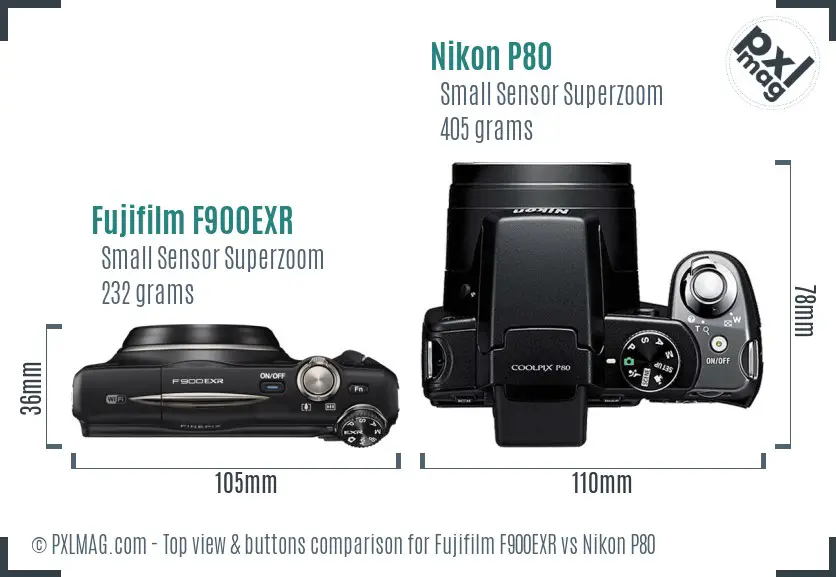 Fujifilm F900EXR vs Nikon P80 top view buttons comparison