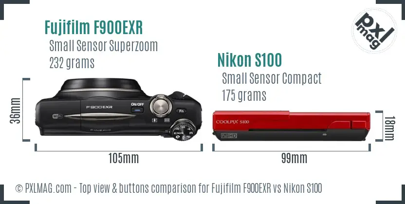 Fujifilm F900EXR vs Nikon S100 top view buttons comparison Fujifilm F900EXR vs Nikon S100 top view buttons comparison