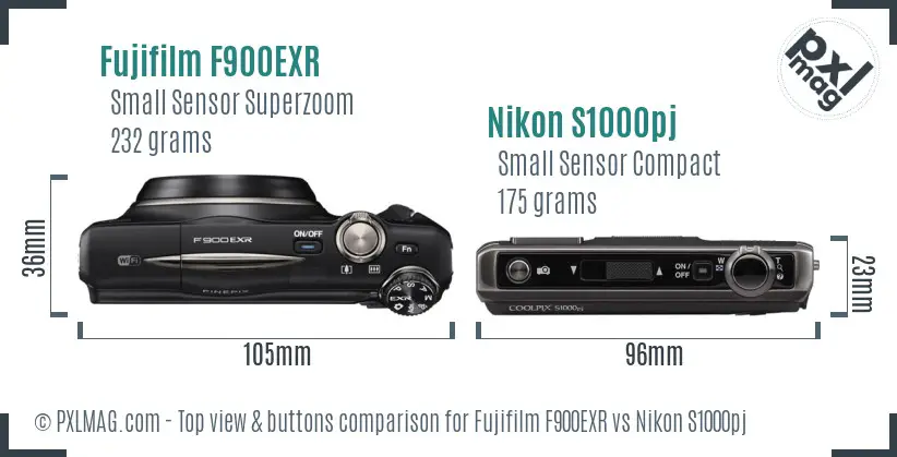Fujifilm F900EXR vs Nikon S1000pj top view buttons comparison