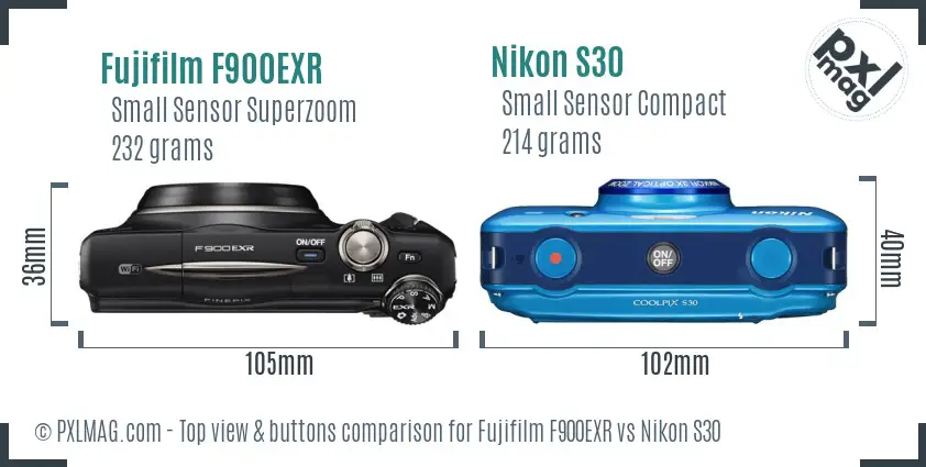 Fujifilm F900EXR vs Nikon S30 top view buttons comparison
