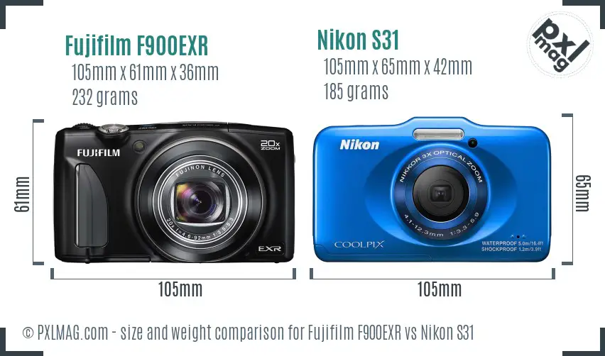 Fujifilm F900EXR vs Nikon S31 size comparison