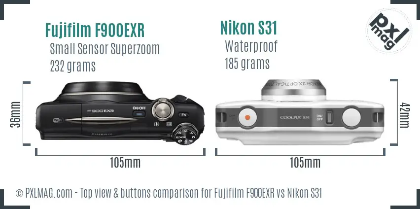 Fujifilm F900EXR vs Nikon S31 top view buttons comparison