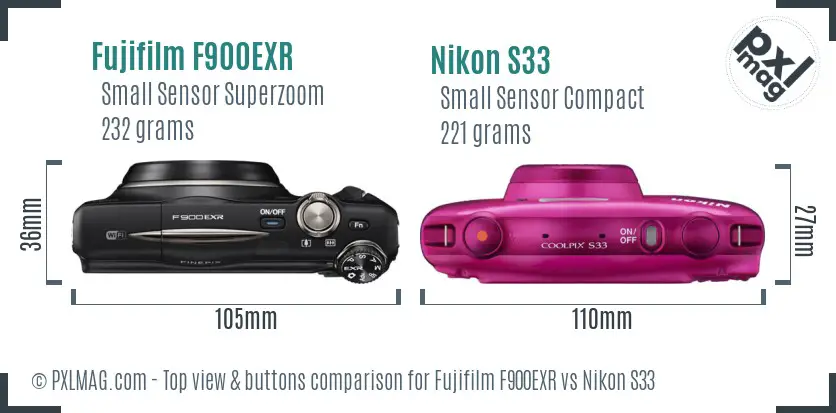 Fujifilm F900EXR vs Nikon S33 top view buttons comparison Fujifilm F900EXR vs Nikon S33 top view buttons comparison