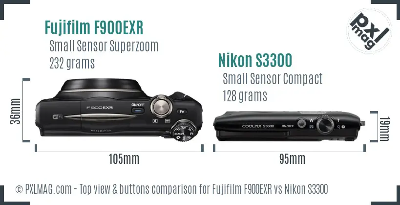 Fujifilm F900EXR vs Nikon S3300 top view buttons comparison