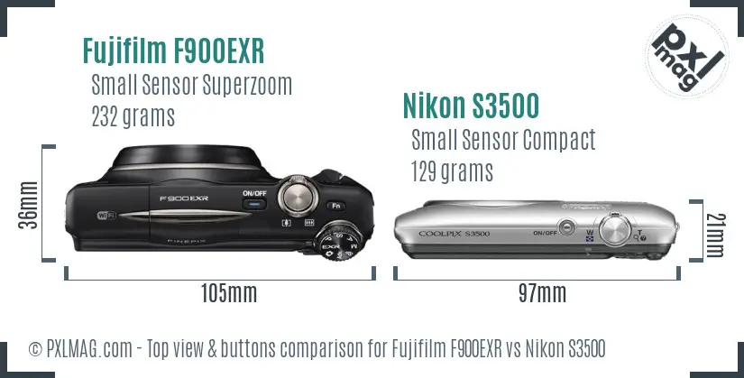 Fujifilm F900EXR vs Nikon S3500 top view buttons comparison
