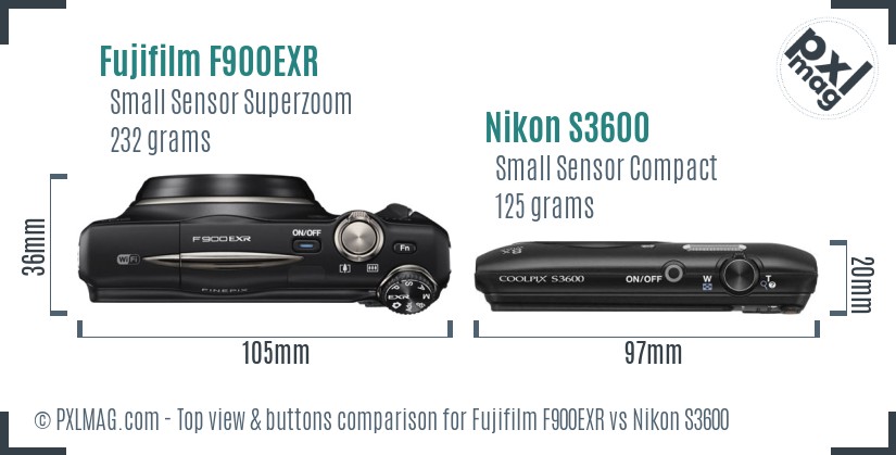 Fujifilm F900EXR vs Nikon S3600 top view buttons comparison