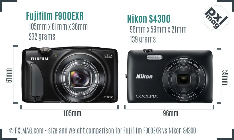 Fujifilm F900EXR vs Nikon S4300 size comparison