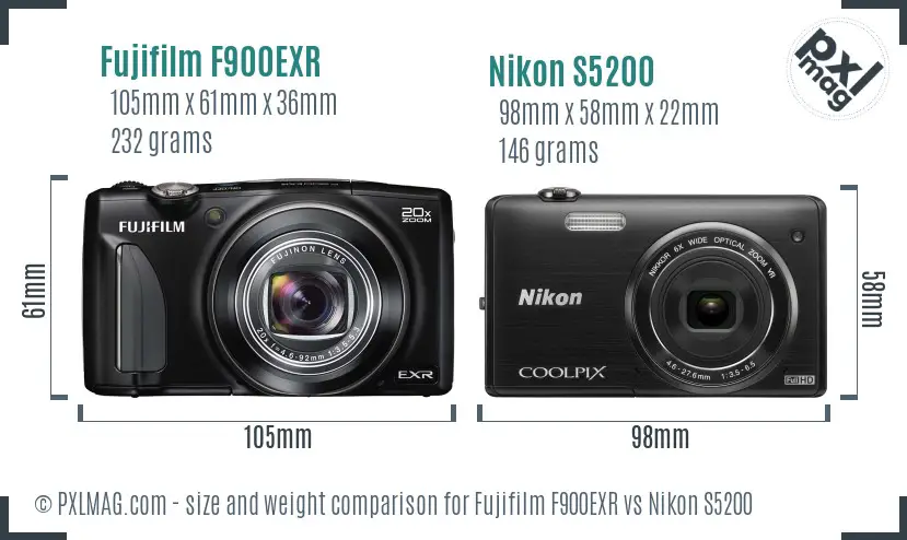 Fujifilm F900EXR vs Nikon S5200 size comparison