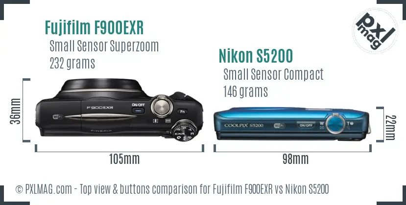 Fujifilm F900EXR vs Nikon S5200 top view buttons comparison