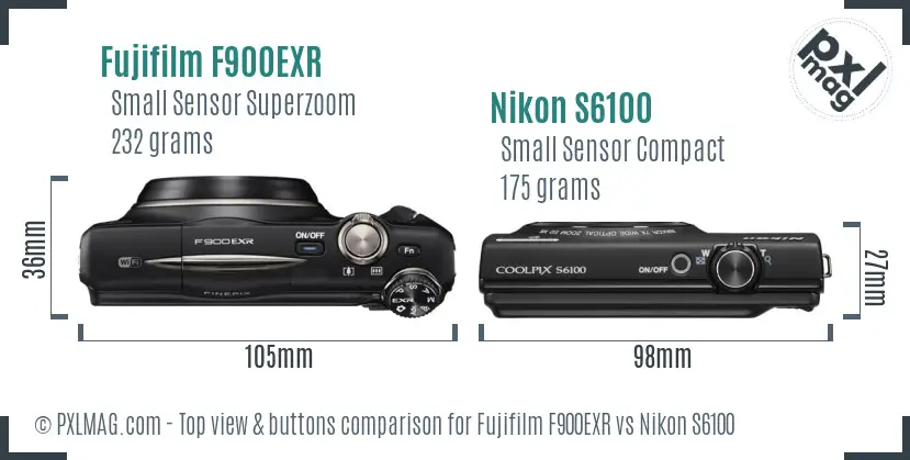 Fujifilm F900EXR vs Nikon S6100 top view buttons comparison Fujifilm F900EXR vs Nikon S6100 top view buttons comparison