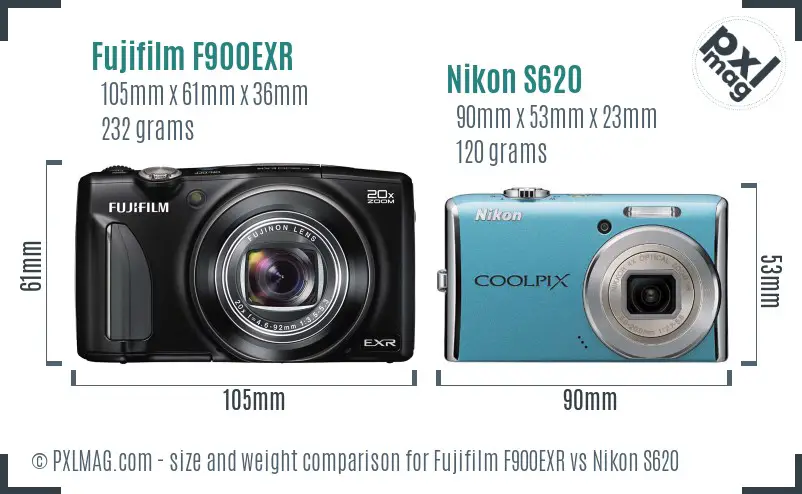 Fujifilm F900EXR vs Nikon S620 size comparison