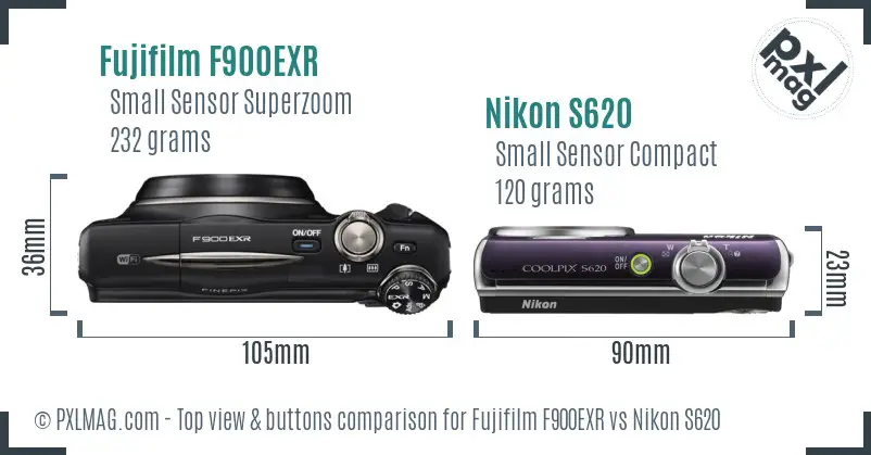 Fujifilm F900EXR vs Nikon S620 top view buttons comparison