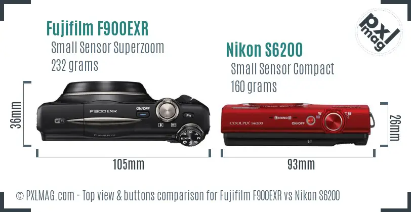 Fujifilm F900EXR vs Nikon S6200 top view buttons comparison