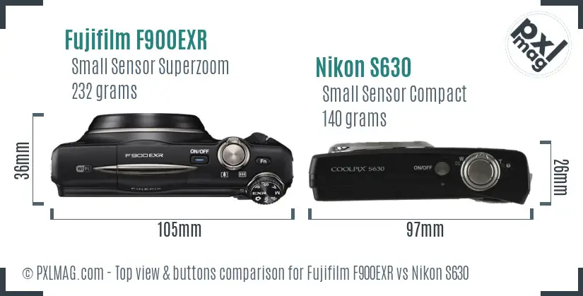 Fujifilm F900EXR vs Nikon S630 top view buttons comparison