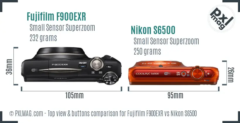 Fujifilm F900EXR vs Nikon S6500 top view buttons comparison Fujifilm F900EXR vs Nikon S6500 top view buttons comparison