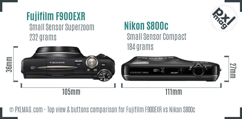 Fujifilm F900EXR vs Nikon S800c top view buttons comparison