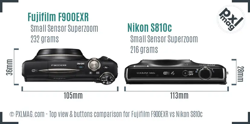 Fujifilm F900EXR vs Nikon S810c top view buttons comparison