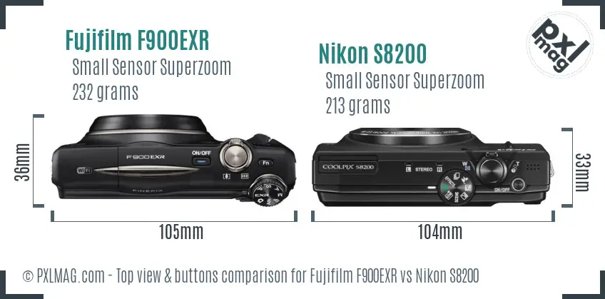 Fujifilm F900EXR vs Nikon S8200 top view buttons comparison Fujifilm F900EXR vs Nikon S8200 top view buttons comparison