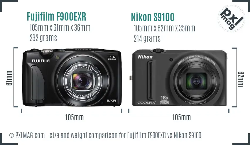 Fujifilm F900EXR vs Nikon S9100 size comparison