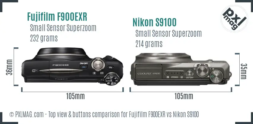 Fujifilm F900EXR vs Nikon S9100 top view buttons comparison