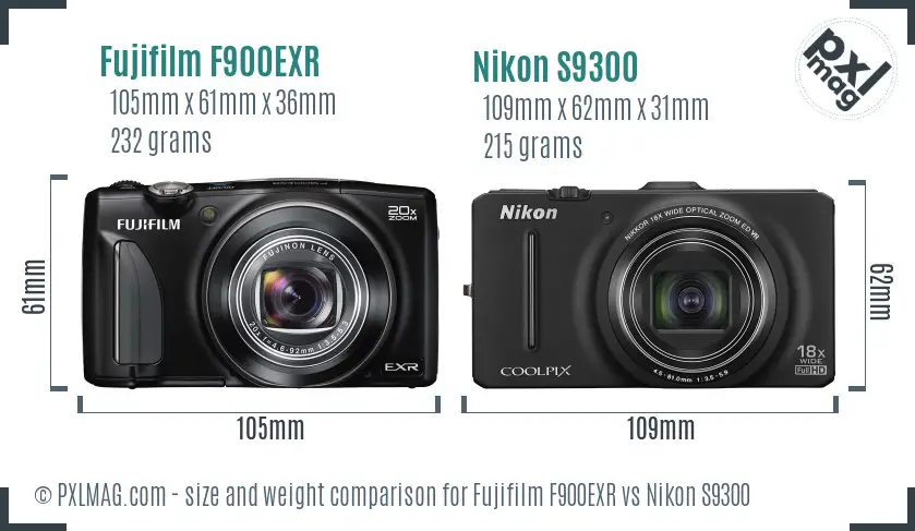 Fujifilm F900EXR vs Nikon S9300 size comparison