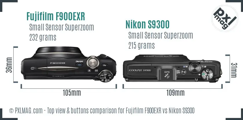 Fujifilm F900EXR vs Nikon S9300 top view buttons comparison