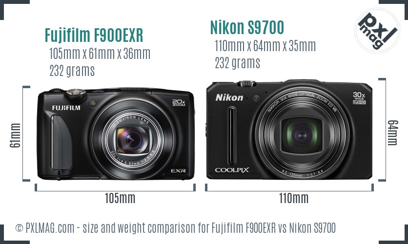 Fujifilm F900EXR vs Nikon S9700 size comparison