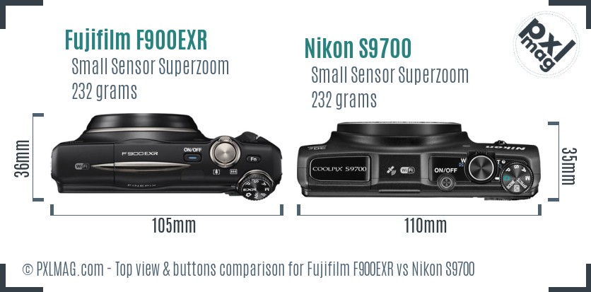 Fujifilm F900EXR vs Nikon S9700 top view buttons comparison