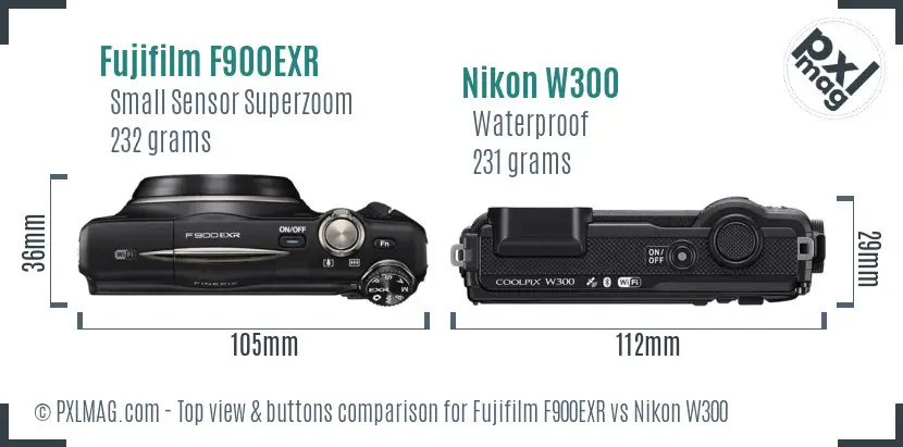 Fujifilm F900EXR vs Nikon W300 top view buttons comparison