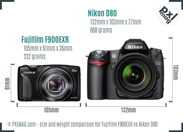 Fujifilm F900EXR vs Nikon D80 size comparison